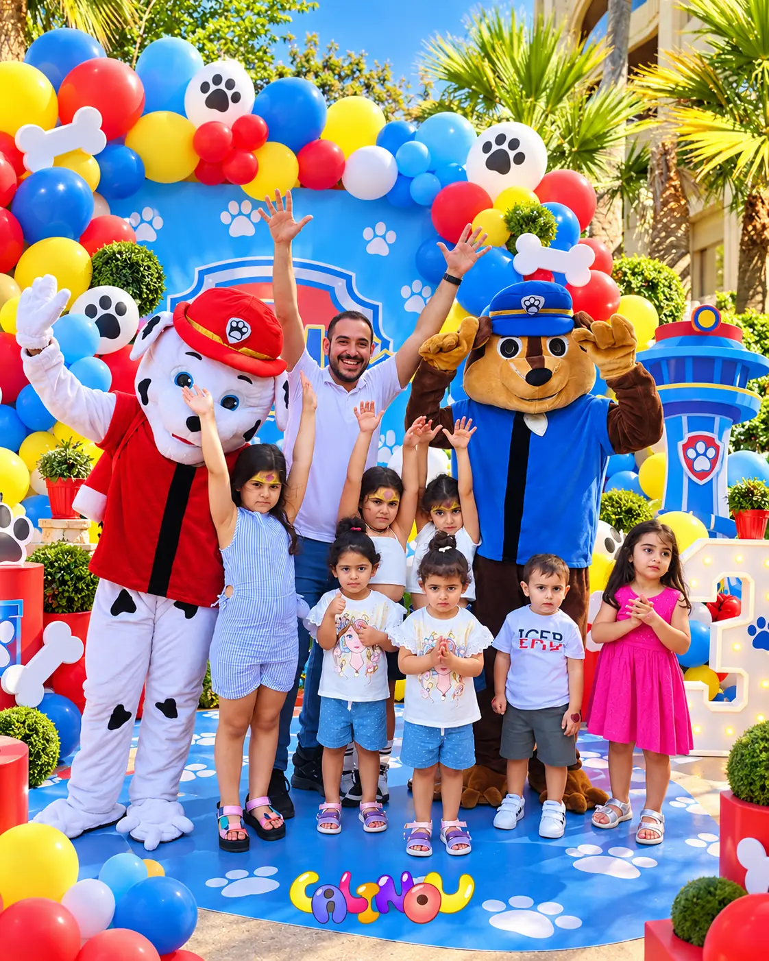 Children celebrating with characters and the Calinou animation team